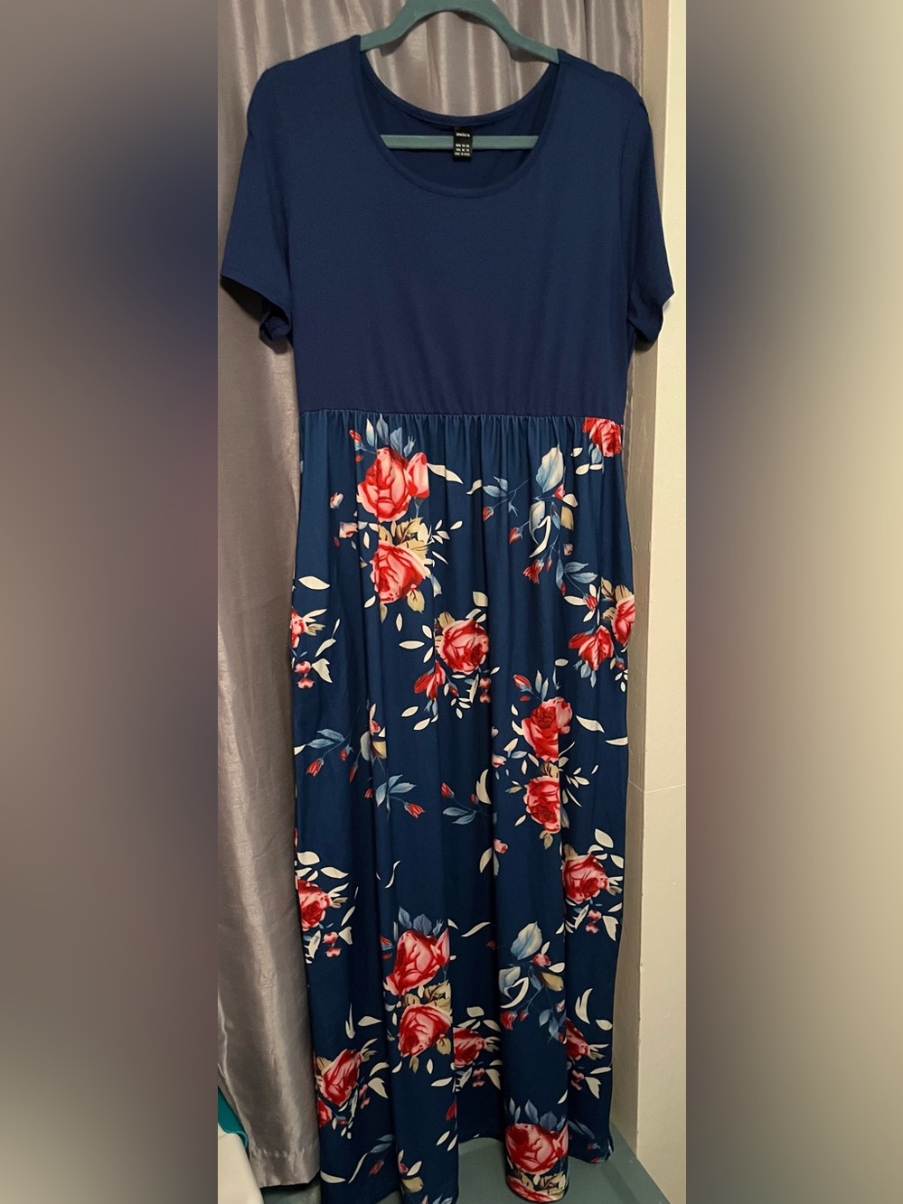 Women's Navy Blue Floral Maxi Dress with Short Sleeves